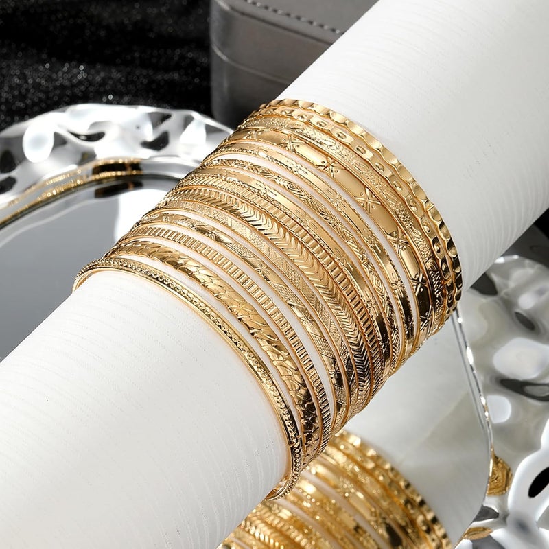 17IF Gold Bangle Bracelet For Women, 14k Multilayer Charm Textured Stackable Bracelets Boho Indian Chunky Cuff Fashion Jewelry Gift - Image 5